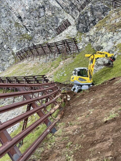 Das Bild zeigt den Schreitbagger der Schreitbagger Gstreit GmbH bei Baggerarbeiten auf steilem Gelände.
